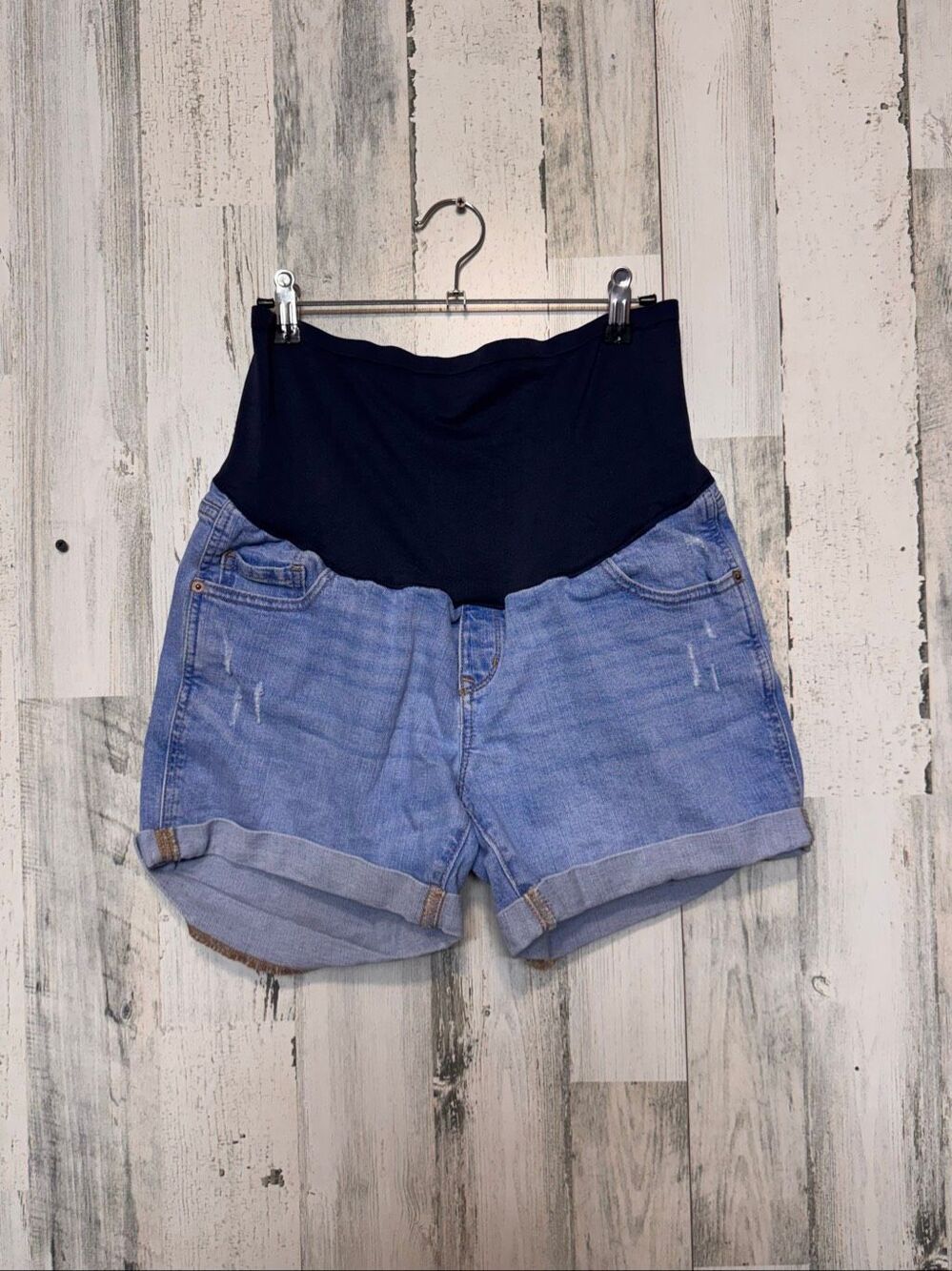 Old Navy Maternity Full Panel Cuffed Denim Jean Shorts Light Wash Distressed 10
